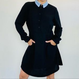 Coach women's dress M black blue chambray removable collar long sleeve pockets